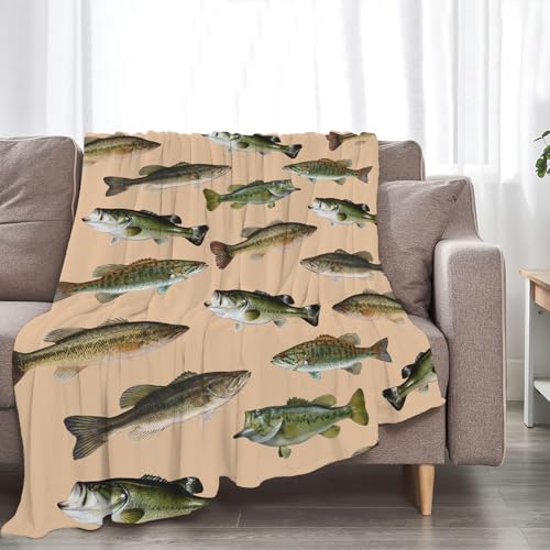 Fish Bass Blanket Decor Gifts for Fishing Lovers Flannel Fleece Fuzzy Throw Blanket Soft Warm Cozy Plush Ocean Animal Blanket for Bed Couch Living Room Stuffed Decoration for Kids Adult Man 60"x50" - color: Bassfish, size: 60"x50"