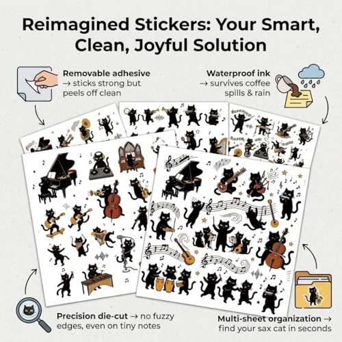 Cat Piano Stickers Black Cat Stickers Music Kitten Decals | Waterproof vinyl cat piano stickers with piano, guitar & drum designs. Cute piano stickers for beginners, laptop & case decor - style: Black Cat Music Orchestra Sticker Set