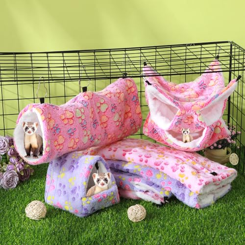 Abbylike 9 Pieces Rat Hammock 3 Tier Guinea Pig Ferret Hammocks Small Pet Hanging Tunnel Glider Toy Guinea Pig Ferret Hideout Bed Cage Accessories for Hamster(Purple, Pink, Rose Red,Paw) - color: Purple, Pink, Rose Red