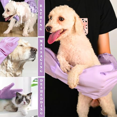 Dog Washing Gloves, Pet Grooming Gloves with Soft Brushes, Bathing and Massaging for Dogs and Cats, Silicone Heat Resistant Cleaning Gloves with High-Density Teeth (Purple) - color: Purple