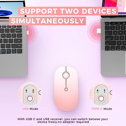 VssoPlor Type C Wireless Mouse, USB C MacBook Wireless Mouse, Pink | Dual Mode Cordless Mice with USB and Type C Receiver Compatible with PC, Laptop, MacBook and All USB C Devices - color: Gradient Pink