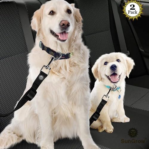 SunGrow Dog Seat Belt for Car, Adjustable Nylon Pet Seatbelt, Supports All Cars, Dog Car Leash Seat Belt, Seatbelt for Dogs, Cats & Ferrets Travel Harness - color: Black