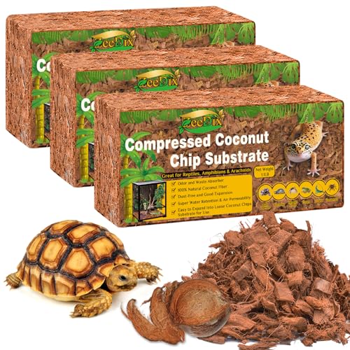 Coconut Husk Chip Substrate for Reptiles, 3 Pack Coconut Husk Mulch | Organic Coco Coir Chips for Snake Habitat, Reptile Bedding for Ball Python, Tortoises, Geckos, Lizards Terrarium Tanks - color: 3 Pack