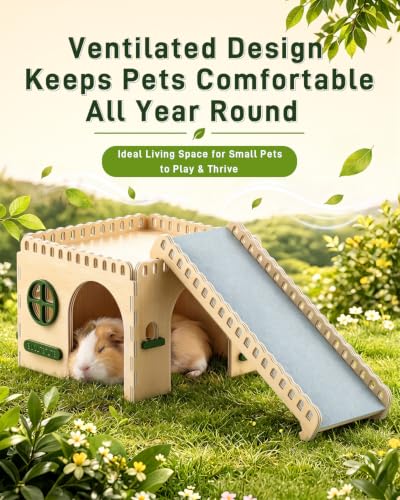 BUCATSTATE Large Wooden Guinea Pig Hideout, Pet Habitat Decor. | Natural wood hideout for guinea pigs & hedgehogs. Easy tool-free assembly, safe for chewing, and sturdy castle design.