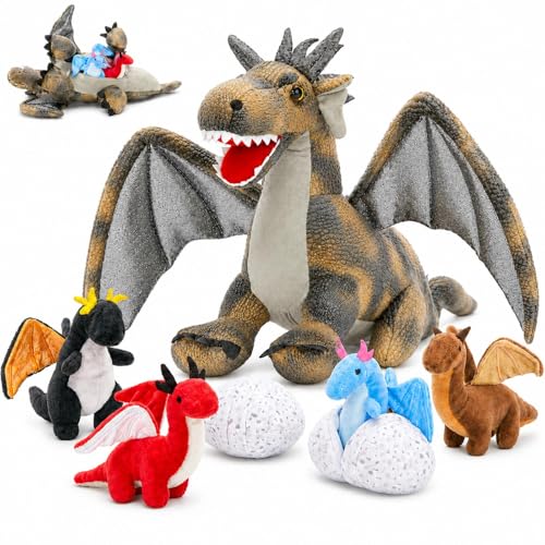 Dragon Plush with 4 Babies, 21.7" Dinosaur Stuffed Animal, Gray | 7Pcs Dragon Plush Family; Mommy, 4 Baby Dragons & 2 Eggs; Zipper Belly Pretend Play; Birthday & Christmas Gift for Kids - style: Dragon Gray
