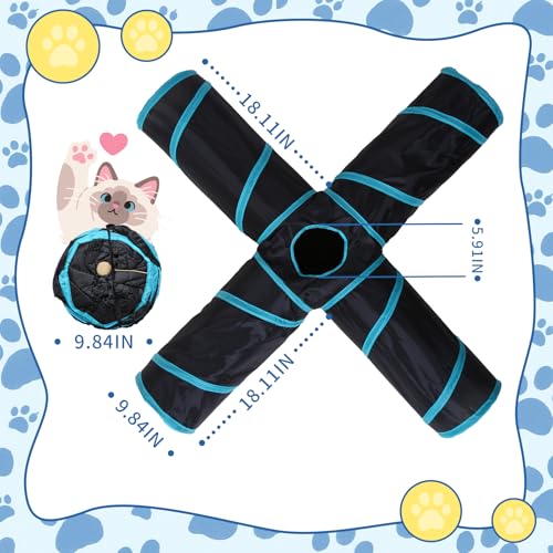 Pet Cat Tunnel, 4-Way Junction Tunnels for Indoor Cats, Collapsible Pet Tunnel for Kitten, Puppy, Rabbit, 25cm-Wide Tunnels, Durable & Breathable, with Peek Hole Toy Ball - color: 4-way Junction Tunnel & Black/Blue