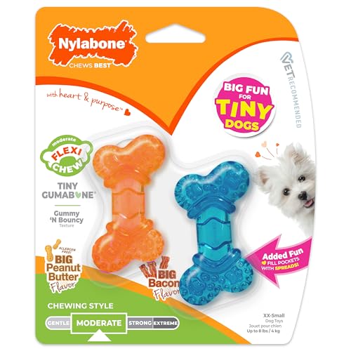 Nylabone Flexi Chew Tiny Gumabone Dog Chew Toys, XX-Small, 2 Count | Peanut butter & bacon flavor, x-small breeds, flexible material, fill with treats, gentle on teeth, for dogs up to 15 lbs