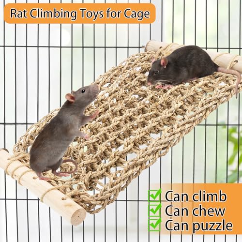 Rat Climbing Toys for Cage, Chewable Natural Hand-Woven Net Seagrass Mat, Cage Ladder Perch for Rats, Rat Ladder Bridge Toy with Mild Grassy Scent, Rodent Hammock Cage Accessories