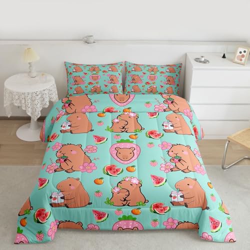 Erosebridal Capybara Lover Comforter Set Cartoon Rodent Animal Bedding Capybara Gifts for Kids Watermelon Strawberry Duvet Insert Cute Flower Kawaii Quilted Duvet,1 Pillow Case, Teal Room Decor,Twin - color: Multi 14, size: Twin