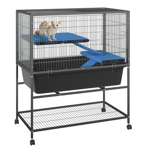 Ferret Cage, 40.5" H Large Ferret Nation Cage with 2 Removable Ramps, Metal Small Animal Cages On Wheels for Chinchillas, Guinea Pigs, Rabbit, Sugar Glider (Grey Hammertone) (41" H)