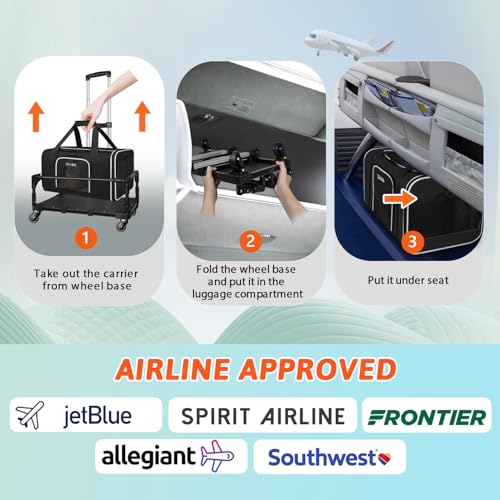 Small Pet Carrier 17"x12"x8.5" with Wheels Airline Approved, Black | for JetBlue/Frontier/Spirit Airlines, Lockable Safety Zippers and Anti-Scratch Mesh, Pets Under 8 lbs - color: Black and Wheeled, size: 17.0"L x 12.0"W x 8.5"H