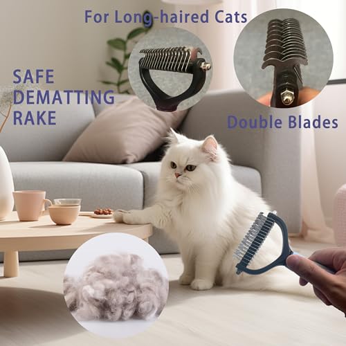 Cat Grooming Brush Kit 6 Tools - Deshedding & Dematting for Long/Short Hair, Self-Cleaning Slicker Brush with 6-in-1 Flea Comb for Cats & Kittens (Blue) - color: Blue