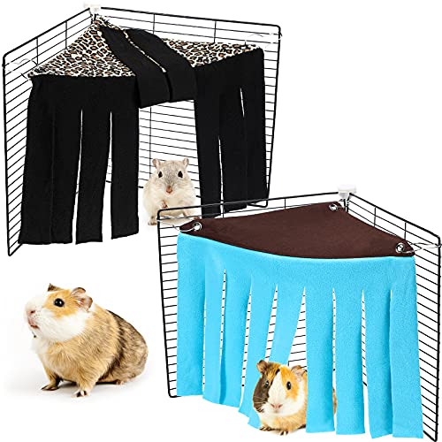 Shappy 2 Pcs Guinea Pig Hideout Hideaway Corner Fleece Toys Cage Accessories Cute Ferret Hammock for Ferrets Chinchillas Hedgehogs Small Pets(Brown with Blue, Black with Orange-Brown, Leopard)