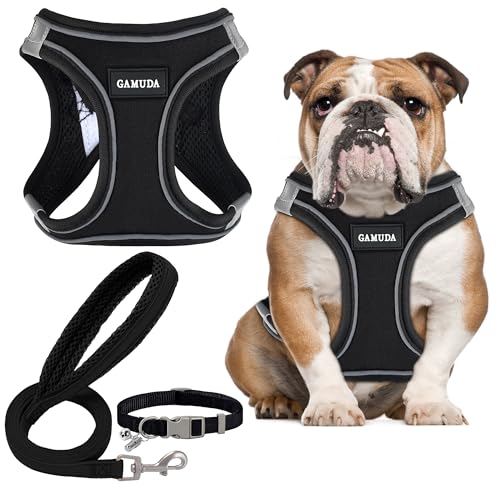 GAMUDA Small Dog Harness Collar and Leash Set, Step in No Chock No Pull Linen Fabric Soft Mesh Dog Vest Harnesses Reflective for Dogs Puppy Cats Kitten Rabbit (Black, L) - color: Black, size: Large