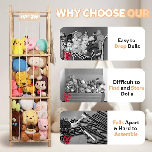 Stuffed Animal Storage Organizer, Large Wooden Zoo Toy Holder with Pockets, Plushie, Stuffy,Toy Storage for Kids Room, Playroom, Bedroom(Natural Large) - size: Large