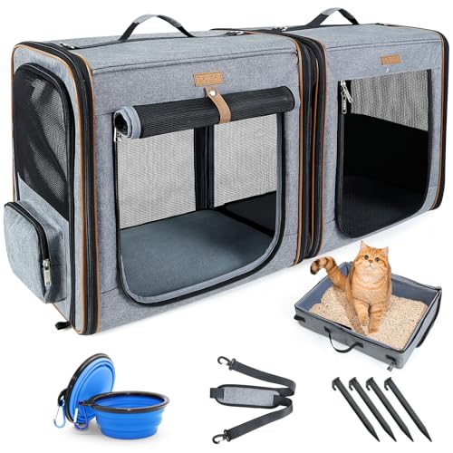 Lekereise Large Cat Carrier for 2 Cats, 2-in-1 Cat Travel Carrier with Litter Box, (17.7" x2) x16.5"x13" Pet Carrier with Zipper Locks for Moving Across The Country (No Hammock) - Grey - color: Grey
