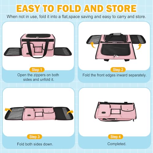 HUANLANG Large Cat Carrier Soft Sided Travel Pet Carrier Airline Approved | Dog Carriers for Small Dogs Medium Cats,Collapsible,3 Storage,zipper lock,Reflective strips,Luggage Strap, Up to 15 L,Pinkbs - color: Pink