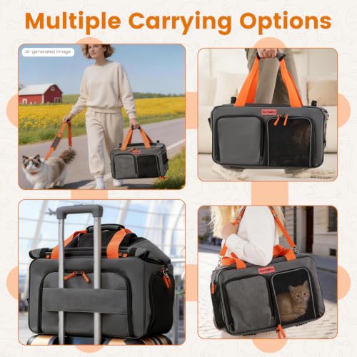 Cat Carrier Soft Sided Airline Approved for Small Pet Dog Travel | Collapsible, Top Loading, for Medium Animal Kitten Puppy Long Car Trip, Expandable Fabric Large Bag, for Kitty Under 20 lb