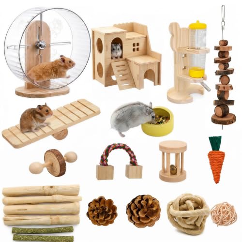 20 Pcs Hamster Cage Accessories,9.5'' Exercise Silent Hamster Wheel,15 Diverse Chew Toys,Maze Wood House, Water Bottle,Bowl Set for Dwarf Hamsters, Gerbils, Mice Small Animals Habitat
