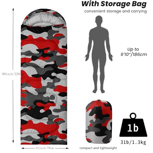 Sleeping Bags for Adults and Kids Backpacking Camping Sleeping Bags for Girls and Boys Lightweight Waterproof Cold/Warm Sleeping Bag for All Season - color: Red Camo