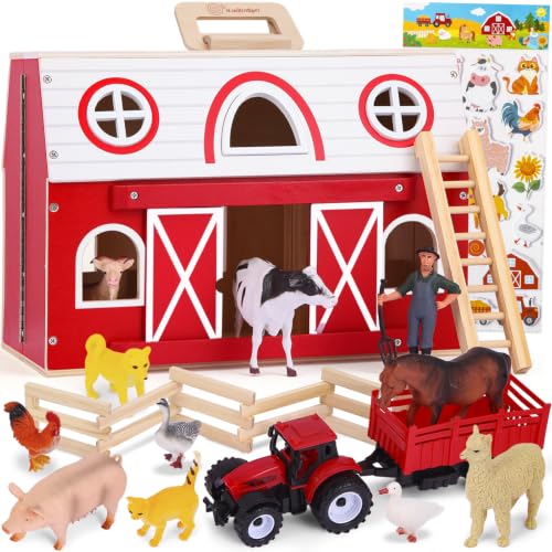 Wooden Barn Toy Set with Farm Animals, Portable Pretend Play Barn Playset for Kid 3+, Farm Animal Figures, Montessori STEM Educational Animal Playset for Kids Birthday
