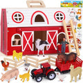 Wooden Barn Toy Set with Farm Animals, Portable Pretend Play Barn Playset for Kid 3+, Farm Animal Figures, Montessori STEM Educational Animal Playset for Kids Birthday