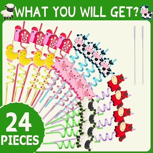 24 Reusable Plastic Drinking Straws for Farm Animal Birthday Party Favors | Fun Crazy Straws for Kids,Horse Cow Duck Sheep Pig Tractor Barnyard Theme Party Decorations,Classroom Prizes Student Gifts