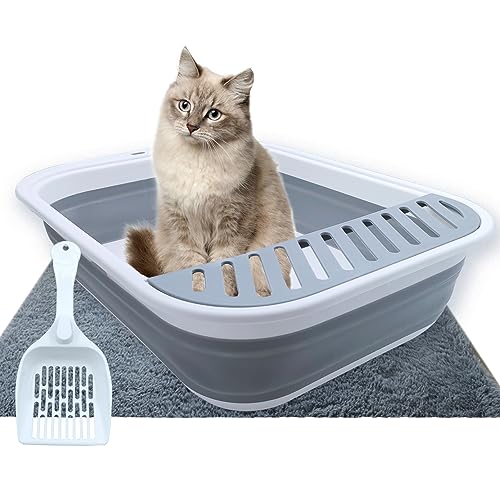 Collapsible Small Cat Litter Box,Open Top Cats Litter Pan with Scoop Waterproof & Foldable Kitten Potty Toilet Anti-Splashing Low Entry Kitty Travel Litter Tray Semi-Enclosed Easy Clean(Gray) - color: 【Gray】