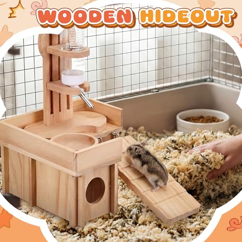 Hamster Cage Accessories, 4 Pcs Wooden Dwarf Hamster Hideout House with Ladder Platform, Feeding Bowl, Water Bottle with Holder Stand for Gerbil Rat Mice Small Animal Habitat Decor
