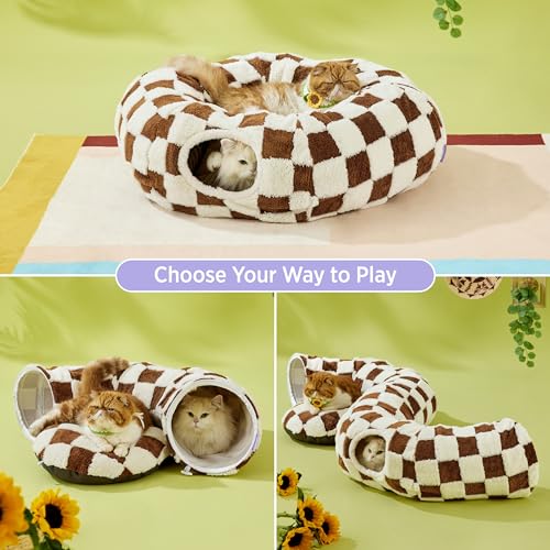 Lesure Donut Cute Jacquard Cat Tunnel Bed Kitten Toys for Puppy Bunny | 33.5x33.5x10in,Round Cat Bed Tube for Indoor Cats Rabbit Dog,Pet Peekaboo Cave Toy,Spiral Hideaway,Washable Cushion,Brown - color: Brown Checks, size: Standard (33.5"L x 33.5"W x 10"H