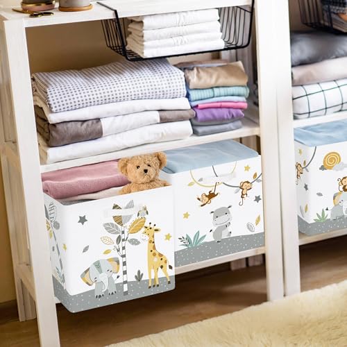 11.8" Tropical Animals Storage Cube Organizer Set 3Pcs Clothes Storage Basket Bin for Closet Shelf Elephant Giraffe Zebra Nursery Kid Room Book Toy Chest, Monkey