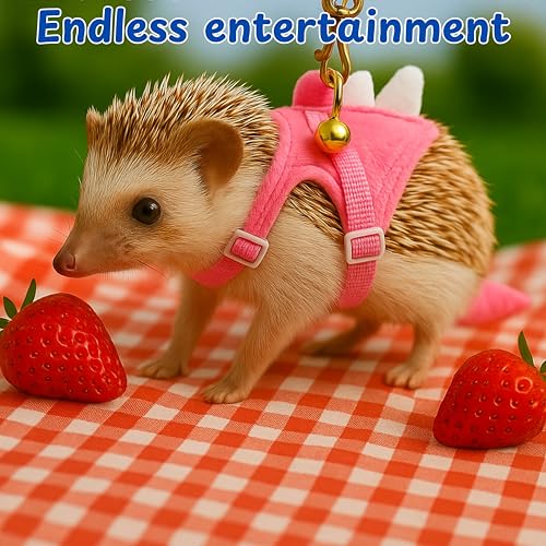 Hedgehog Leash and Harness Clothes Accessories, Adjustable Leash and Harness with Safe Bell, Dinosaur Shaped Outfit, Hamster Clothes For Ferret Hamster, Hedgehog Accessories, Guinea Pig Outfits (Pink) - color: Pink