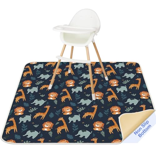 Basumee Splat Mat for Under High Chair, Waterproof & Mess-Proof Floor Mat | 51"×51" Baby Splash Mat, Non Slip Bottom, 4-Layer Fabric, Food & Liquid Catcher, Machine Wash for Boy Girl, Meals, BLW, Craft - color: Dark Blue Giraffe, size: 51x51 Inches