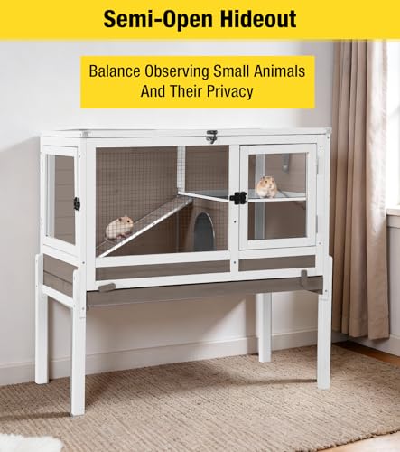 Aivituvin Guinea Pig Cages, Rabbit Hutch with Anti-Chew Frame, Bunny Cage with Cleaning Sliding Tray, 3 Openable Areas, Assemblable Legs, Ramp & Hideout Included - Brown - color: White Brown