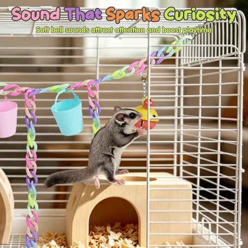 Sugar Glider Toys, Cage Accessories Hanging Climbing Toy Set with Bells | 66 Plastic Links, Bells & Feeding Buckets, Hanging Climbing Toy Set, Foraging Activities, Small Pet Cage Accessories