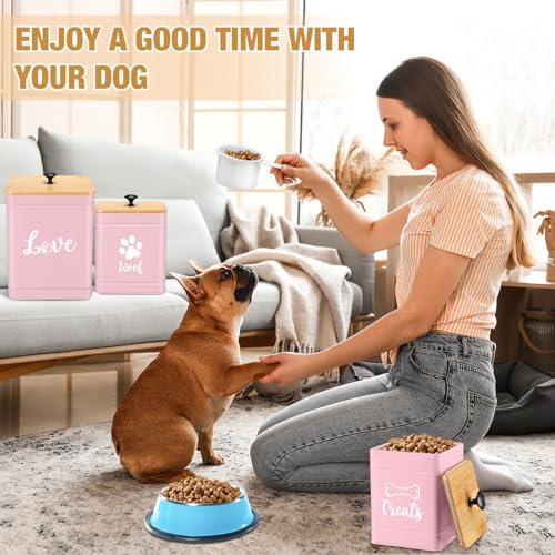 Jingmore Metal Dog Treat Containers Set of 3 with Bamboo Lids and Spoon Airtight 7+3+2 lbs Dog Food Snack Jars with DIY Labels Big Pet Cookie Storage Jar for Kitchen Counter (Pink,Funny) - color: Pink, style: Funny