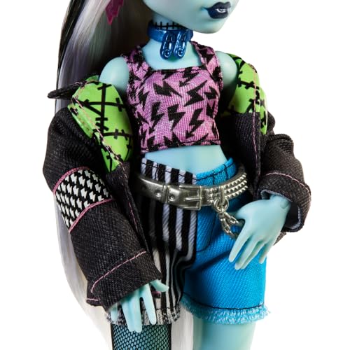 Monster High Frankie Stein Doll in Denim Jacket and Shorts, Includes Pet Dog Watzie and Accessories Like a Backpack, Snack and Notebook - style: Frankie Stein