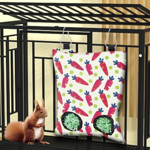 2Pcs 2 Styles Rabbit Hay Feeder Bags for Guinea Pigs Chinchillas 11.6 x 9.1 Inch Hanging Hay Bag with 2 Holes Vegetables Fruit Cloth Washable Small Animal Feeding Storage Cage Accessories - color: Vegetables