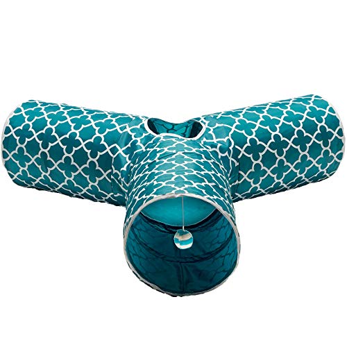 Cat Tunnel - Collapsible 3 Way Quatrefoil Play Toy - Tube Fun for Rabbits, Kittens, and Dogs - Quatrefoil Teal/White - color: Teal/White