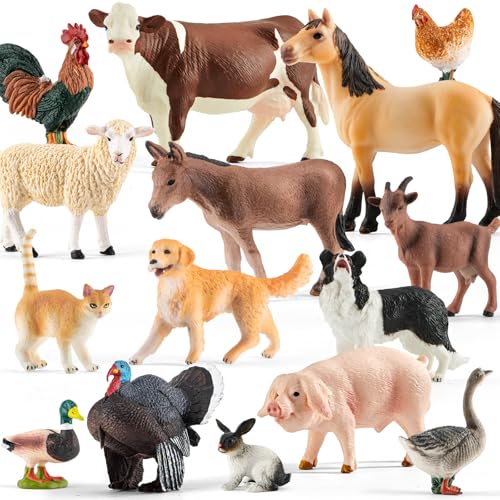 Divwa 15 Pcs Farm Animal Toy for Toddler Kid, Plastic Toy Farm Animal Figure Set Playset Including Cow Horse Goat Sheep Pig Donkey Goose Duck Turkey Chicken Dog Cat Rabbit for Kid Age 3-5 5-7