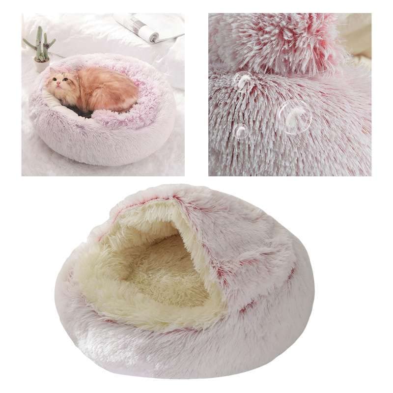 Round Fluffy Hooded Cat Bed Cave, Anti-Anxiety Cave Bed with Blanket | Hooded Cat Bed Cave, Cozy Cuddler Luxury Puppy Pet Bed, Anti-Slip Bottom and Machine Washable - color: Pink, size: Large