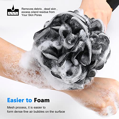 FORENEE Black Loofah on a Stick, PE Mesh Back Scrubber with Wood Handle | Soft PE mesh creates rich lather for gentle cleansing; water-resistant coated wood handle, rubber grip and hanging loop. - style: Black