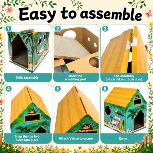 Cinrobiye Cardboard Cat House with Scratcher, Indoor Cat Condo Cat Cave Hideout with Scratch Pad, Cardboard Cat Playhouse Bed for Cats, Kittens, Rabbits & Small Pets (Beach) - color: Beach
