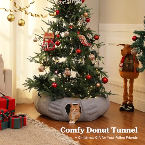 PEQULTI Cat Donut Tunnel with Bed for Indoor Cats, Cat Play Tunnel with Washable Soft Plush Mat, Round Tube Toys Cute Tube for Kittens, Puppies, Rabbits and Ferrets, Grey - color: New Gray