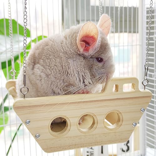 Natural Wood Chinchilla Toy Hammock for Cage Swing, Hamster Bed Hanging Wooden Toys,Indoor Chinchilla Habitat Swing House Hut Ledges and Platforms Enrichment