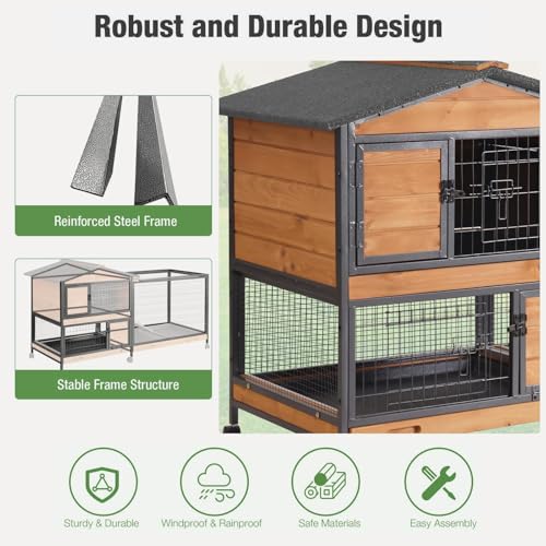 Indoor Rabbit Hutch with Metal Frame & Pull-Out Tray - Spacious Cage with Exercise Run Area for Rabbits (Orange, L) - color: Orange