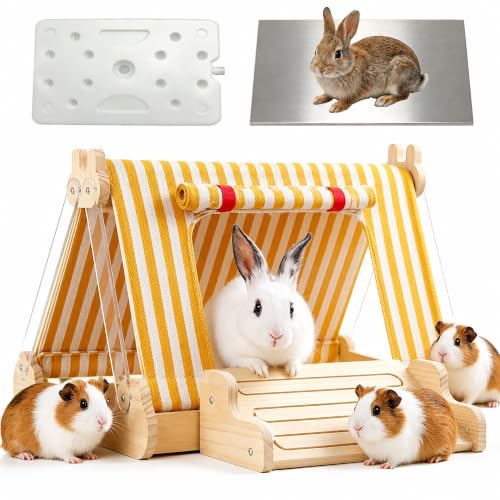 Wooden Rabbit Bed Cooling Guinea pig Bed with Aluminum Pad(Yellow) | Guinea Pig Hideout with Ice box Bunny Bed Four Season Guinea Pig Hide Tent Solid Wood Chinchilla Cooling House for Hedgehog - color: Yellow