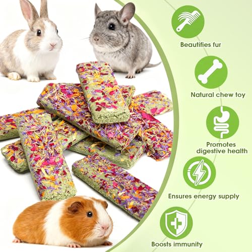 Abizoo 10pcs Timothy Hay & Alfalfa Chew Toys - Natural Crunchy Treats with Wheat Calendula Rose High Fiber for Teeth Care & Digestive Health for Bunnies, Guinea Pigs, Hamsters, Chinchillas, Gerbils