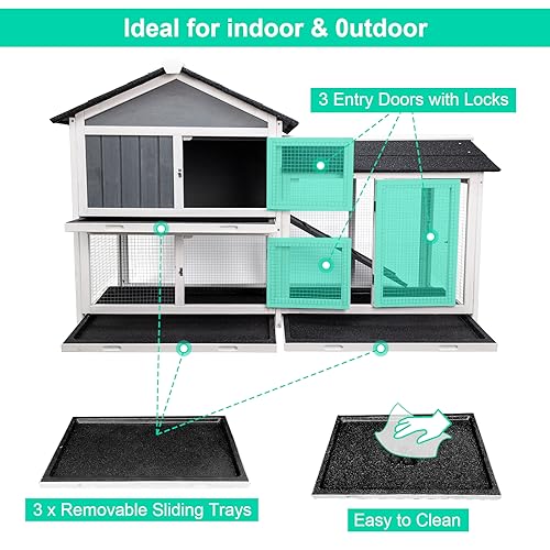 Lifeand Upgraded 61''L Deluxe Multi-Level Rabbit Hutch with Pull Out Tray, Ramp, Lockable Doors,Wooden Small Animal House,Outdoor or Indoor,Gray+White (Gray+White)