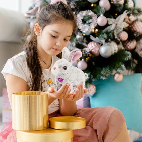 Easfan Talking Bunny Jumping Interactive Plush Toy Gift for Toddlers | Hopping spotted, Moving ears & nose,singing shaking glowing, electric pets,gift for kids - style: Bunny_Grey